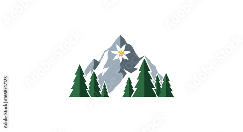 Majestic Mountain Peak with Edelweiss Flower and Evergreen Trees.