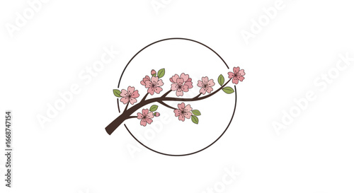 Elegant Pink Cherry Blossom Branch in Circular Frame.