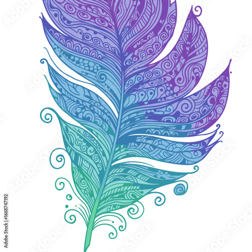 Abstract multicolored feather design in a gradient of blues and greens with intricate detailed patterns. Ornate feather with decorative swirls and patterns, isolated on a white background.