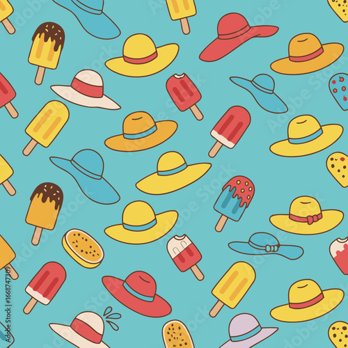 Summer fun pattern with ice cream and hats. Colorful ice cream and straw hats are scattered across a light teal background.