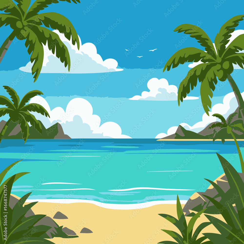 Fototapeta premium Tropical beach scene with idyllic landscape featuring palm trees, mountains, and ocean. Peaceful ambiance with gentle waves, showcasing a tranquil coastal setting.