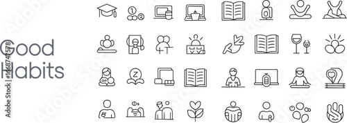 Good habits icon set education learning meditation mindfulness reading teamwork healthy lifestyle sleep growth balance productivity wellness outline vector