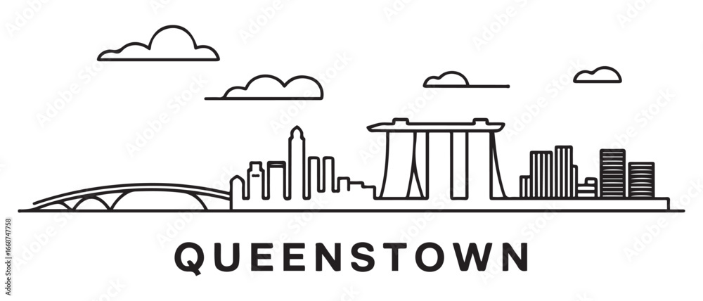 Obraz premium Queenstown Line Art Skyline Silhouette Singapores Minimalist Charm. with white background