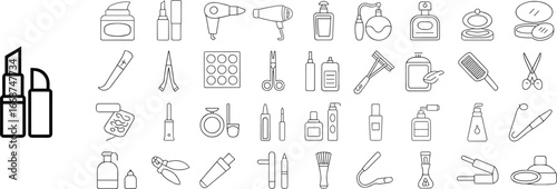 Cosmetic and beauty product icon set with makeup tools skincare items hair styling perfume lipstick and grooming accessories illustration