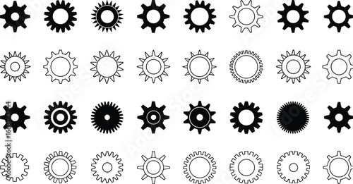 Gear and cogwheel icon set with mechanical wheels industrial machine parts engineering symbols technology design elements vector illustration