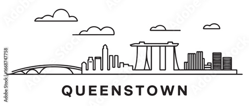 Queenstown Line Art Skyline Silhouette Singapores Minimalist Charm. with white background