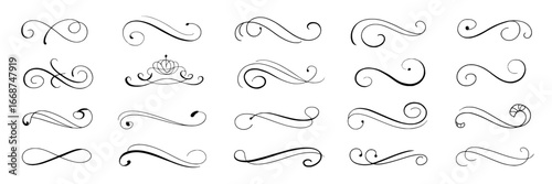 Collection of 24 Elegant Black Swirls and Flourishes: Design Elements for Invitations, Logos, and Decorations