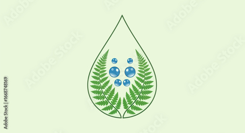 Water Drop with Fern Leaves and Bubbles Eco Friendly Concept.