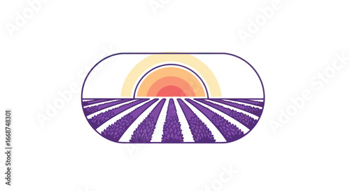 Lavender Field at Sunset Stylized Illustration in Rounded Frame.