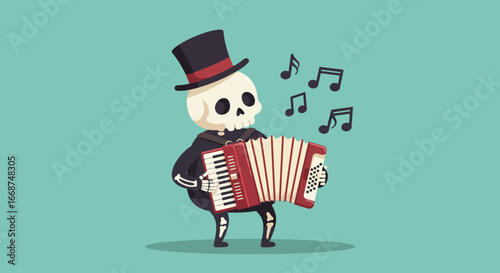 A jovial skeleton character, sporting a tiny top hat, cheerfully plays a miniature accordion with musical notes floating around in this Flat Design illustration. 