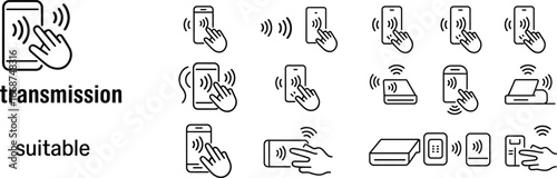 NFC contactless payment mobile phone transaction wireless data transmission icon set for digital banking technology finance and communication