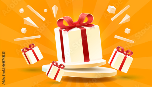 Giveaway podium, shop mega discount, special promo frame. Vector illustration