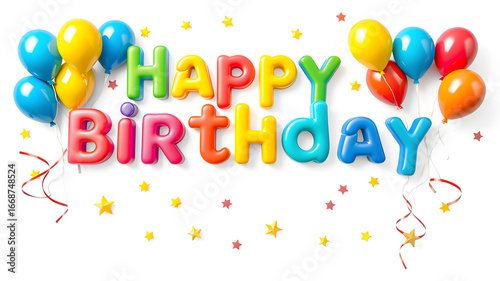 Colorful happy birthday balloons and confetti decoration on a white background for celebration