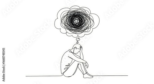 Overwhelmed - Single-Line Drawing of a Person with a Chaotic Thought Bubble.