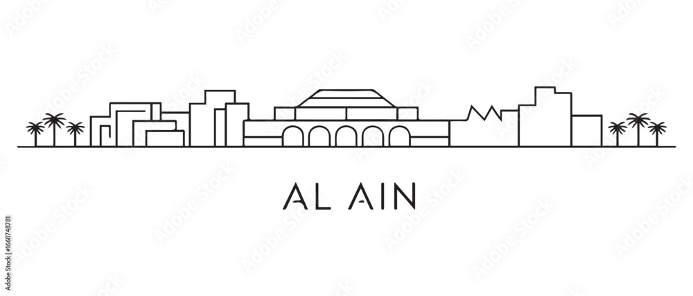 Naklejka premium Al Ain City Line Art Skyline Outline UAE Architecture Illustration. with white background