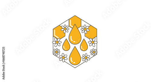 Honeycomb with Honey Drops and Daisies Illustration.