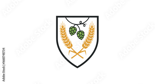 Heraldic Shield with Wheat and Hops Emblem.