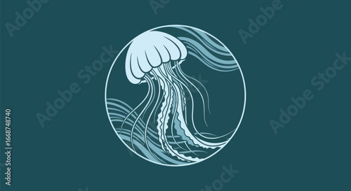 Stylized Jellyfish Illustration with Flowing Tentacles in Circular Frame.