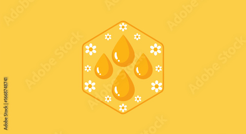 Golden Honey Drops and Flowers in Hexagonal Pattern.