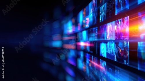 Abstract digital background with vibrant colors and illuminated screens showcasing dynamic visuals