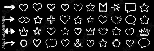 48 Hand-Drawn Chalk-Style Icons: Hearts, Stars, Arrows, Crowns, and Speech Bubbles on Black Background