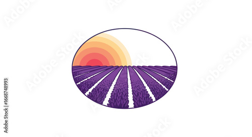 Lavender Field Under Stylized Sun in Circle.