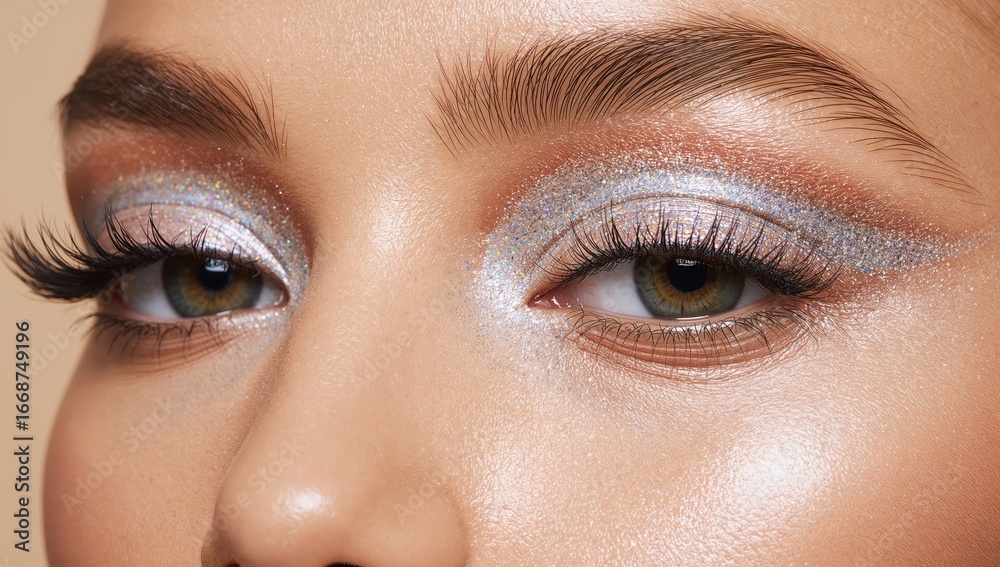 Fototapeta premium Eyelids shimmer with holographic glitter over smooth beige creative makeup