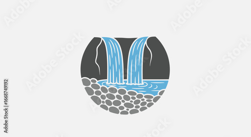 Stylized Waterfall Illustration with Rocks and Water.