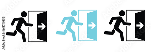 Emergency exit icons in black and blue showing quick evacuation, signaling immediate danger, for safety awareness campaigns and escape route guidance in public buildings and workplaces