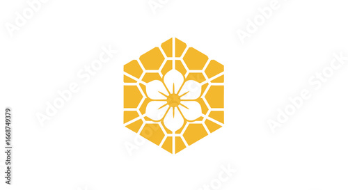 Geometric honeycomb flower design in vibrant yellow and orange.