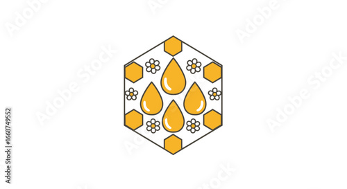 Honeycomb hexagon with three honey drops.