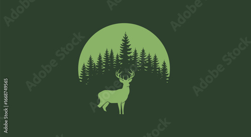 Deer Silhouette in Forest Circle Emblem.