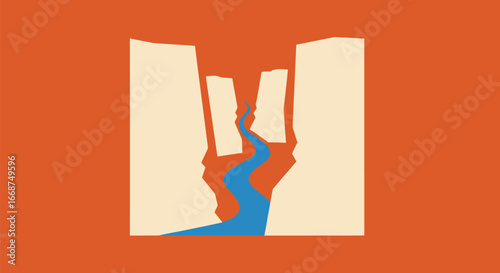 Stylized Canyon River Flowing Through Abstract Landscape Illustration.