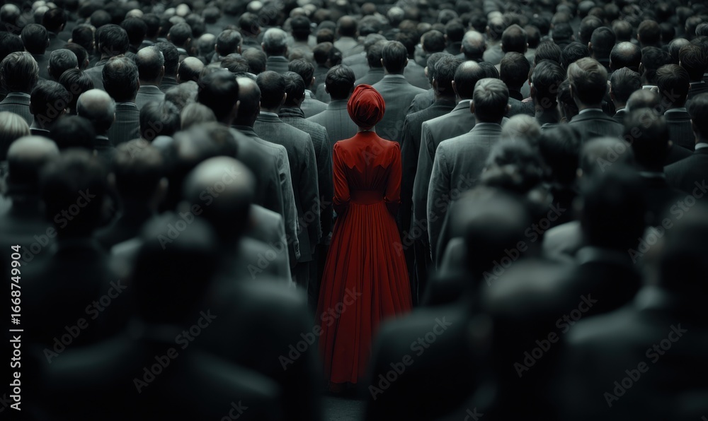 Obraz premium Woman in red dress stands out in a crowd