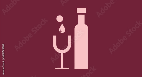 Wine Bottle and Glass Illustration with Wine Drop.