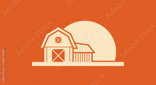 Illustration of a barn with a rising sun in the background.