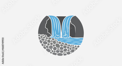 Double Waterfall Illustration with Rocks and Water.
