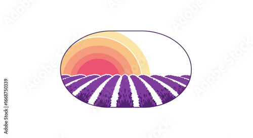 Stunning lavender field with a vibrant sunset over the horizon.