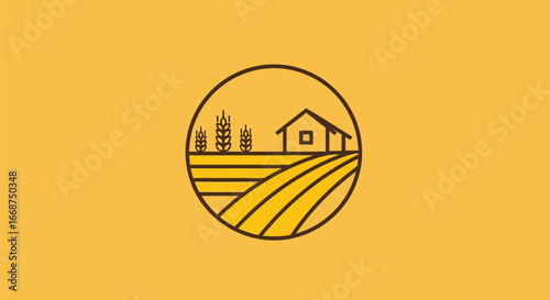 Minimalist Farm Illustration with House and Wheat Fields.