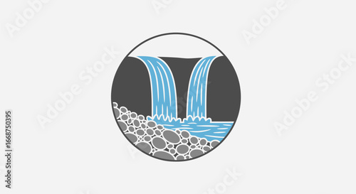 Stylized Waterfall Illustration in Circular Frame with Rocks.