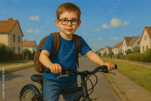 kleiner Schuljunge mit Schulranzen und Fahrrad in einer Stadtrandsiedlung unterwegs