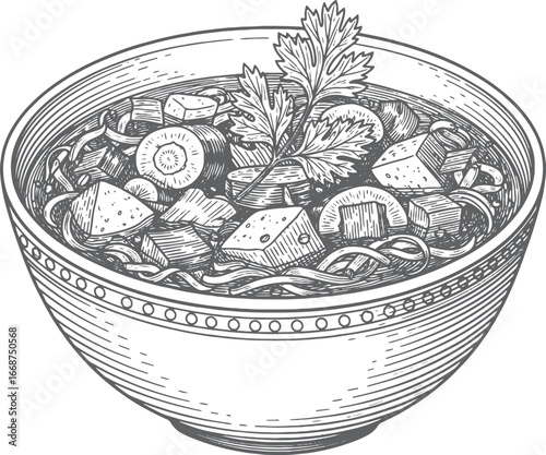 Hand-engraved vector illustration of a bowl of soup garnished with fresh herbs 