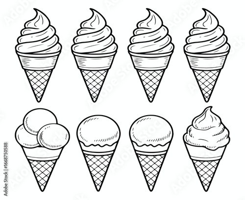 A sweet set of frozen dessert icons with various flavors and soft ice cream cones