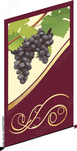 Elegant wine banner showcases lush grapes and ornate gold detailing, perfect for vineyard promotions and wine events.