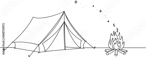 continuous one line drawing of a canvas tent with large campfire flame in modern black outline art style on white background
