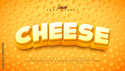 Cheese 3D Text Effect Design Editable and Scalable Vector Graphic Style Effect with 3d Yellow Lettering on Holey Background. Premium Typography Mockup Illustration Template for Greeting Card, Flyer