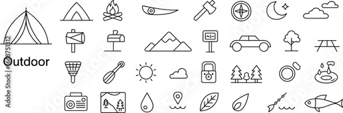 Outdoor camping icons with tent, fire, canoe, axe, compass, mountain, sun, tree, picnic, fish, cloud, map, adventure