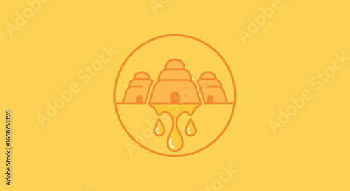 Circular illustration of beehives with dripping honey.