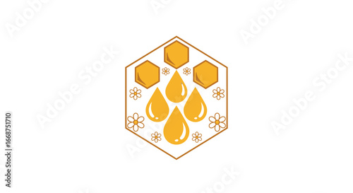 Geometric hexagon logo with golden honey drops and honeycombs.