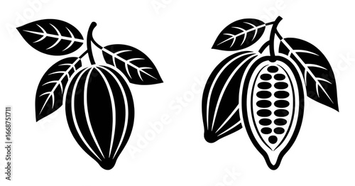 Black and White Icons of Cocoa Pods with Leaves